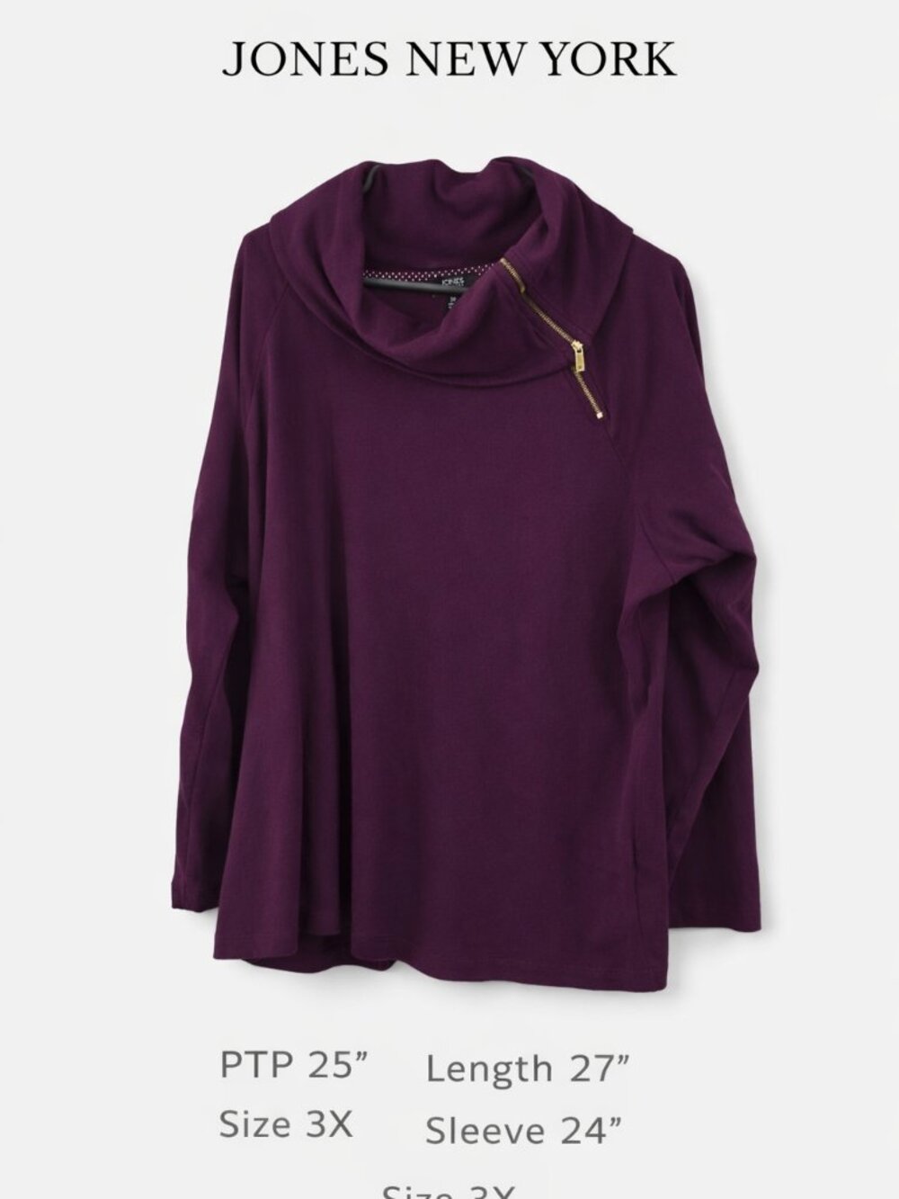 Jones New York Signature 3X Purple Cowl Neck Zip Accent Top 100% Cotton - Picture 2 of 8